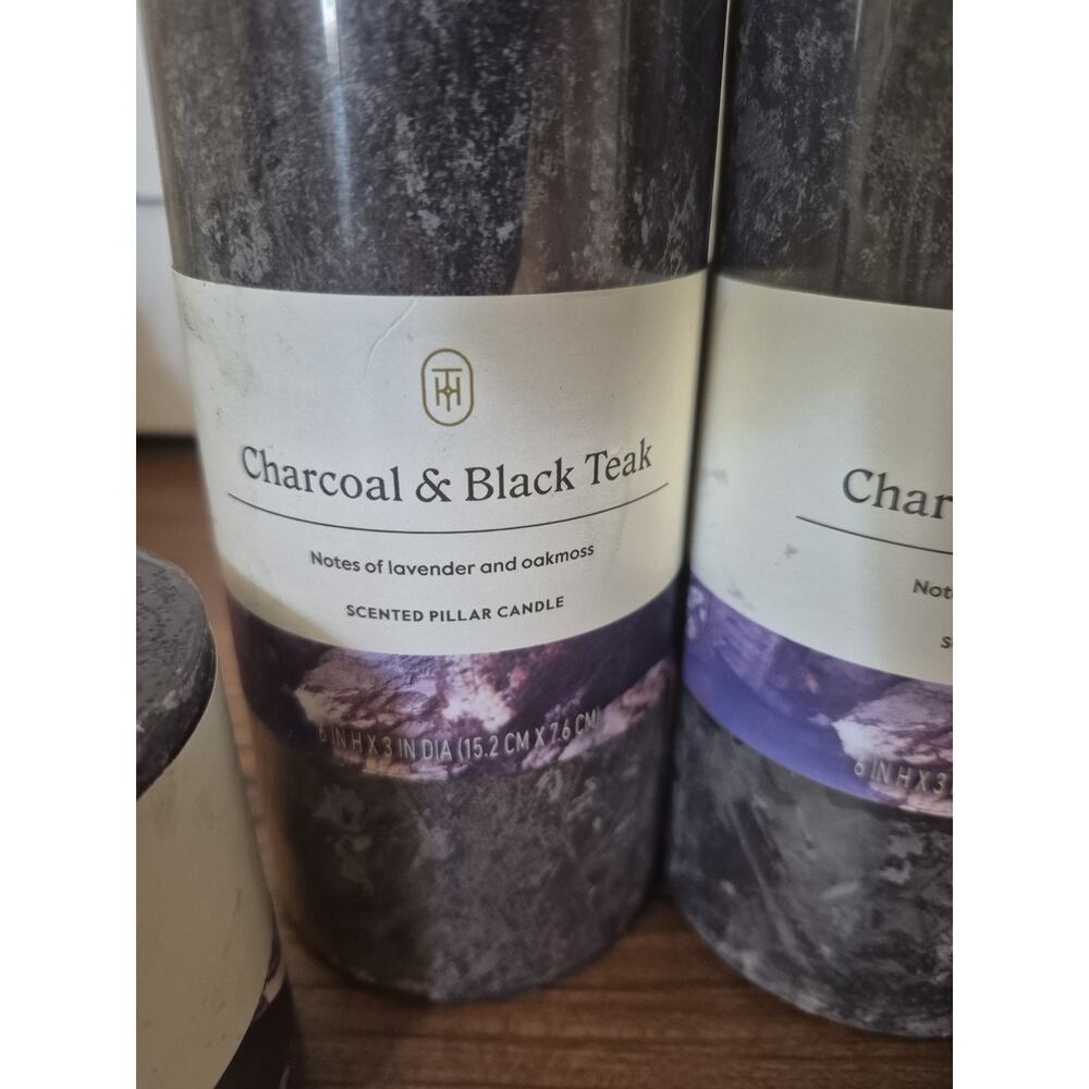 Pillar Candle Set Of 4 Charcoal & Teak Wood Scented Candle 2 Big/2 Small S15 - Picture 4 of 6